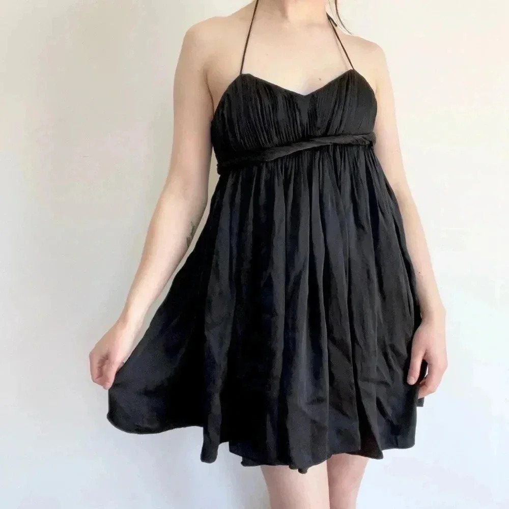 Alice + Olivia Silk Black Mini Dress Pleated Halter Strap Structured LBD